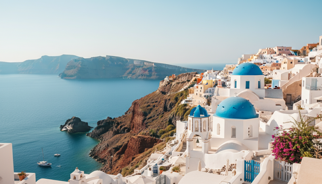 Greece — Santorini blue domes and Aegean Sea